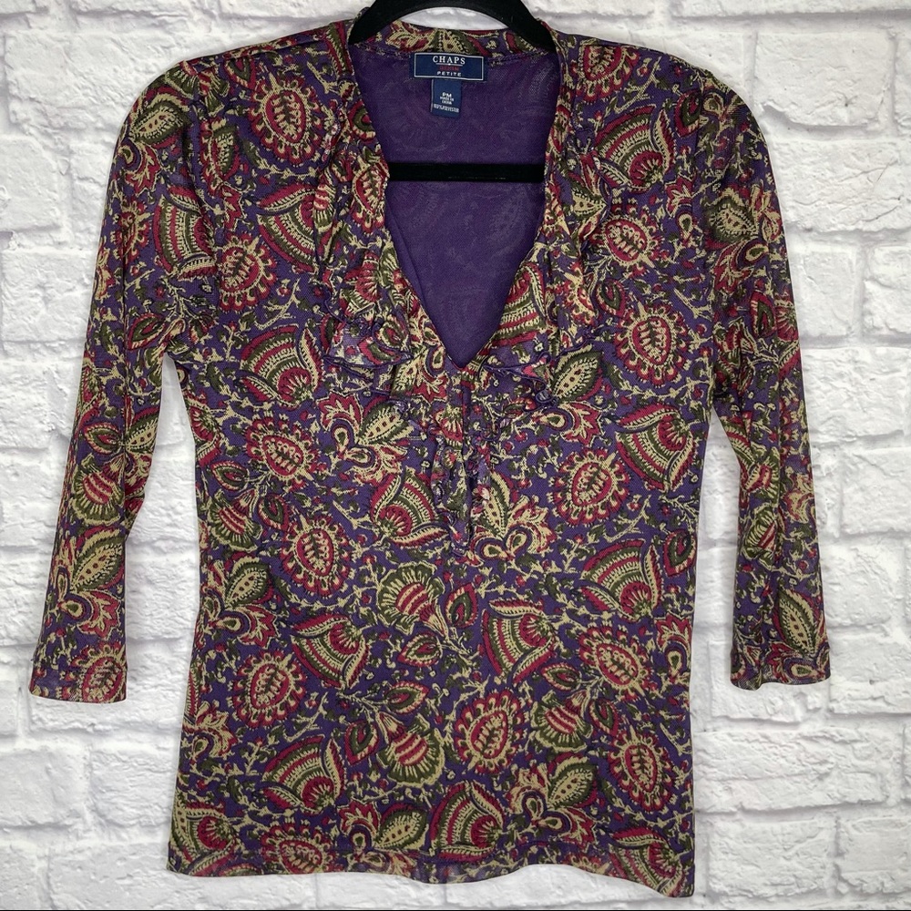 Chaps Denim by Ralph Lauren Women PM Floral Top Ruffle V-Neck Lined Mesh Purple